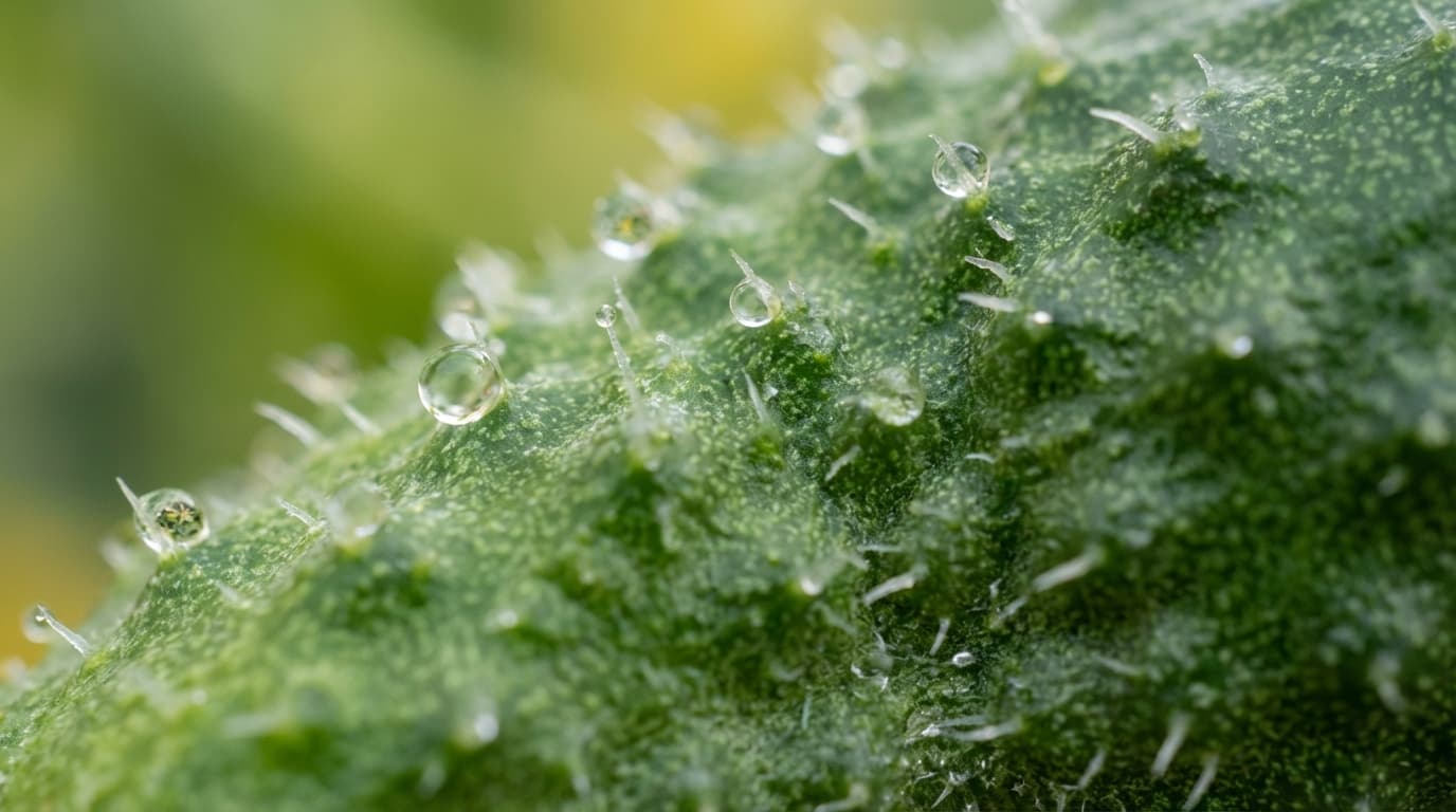 Photographie macro détaillée montrant les petits piquants blancs et la texture de la peau d'un concombre.