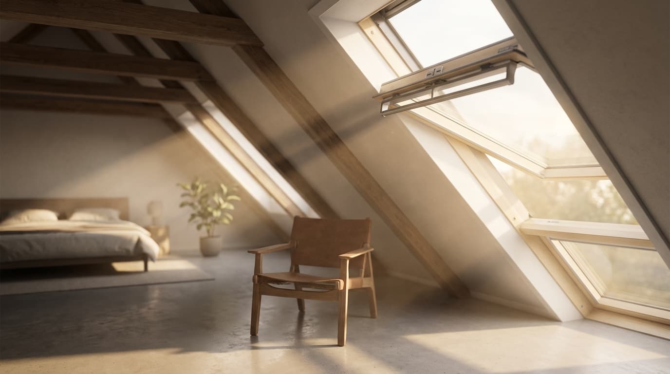 Une fenêtre de toit Velux installée dans une mansarde moderne avec la barre de ventilation entrouverte laissant passer la lumière naturelle.