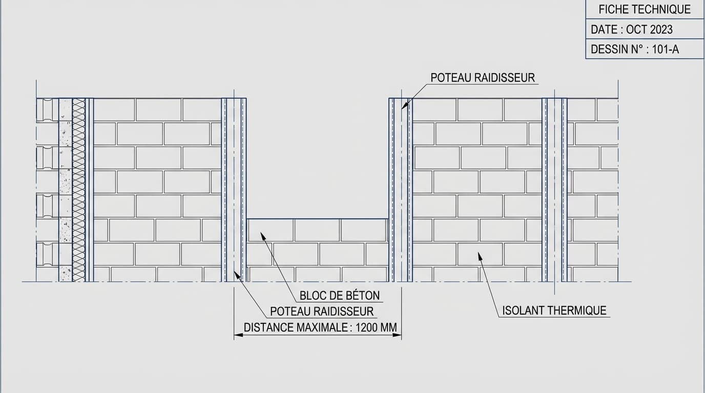 Schéma technique illustrant la distance réglementaire entre les poteaux raidisseurs d'un mur en blocs de béton.
