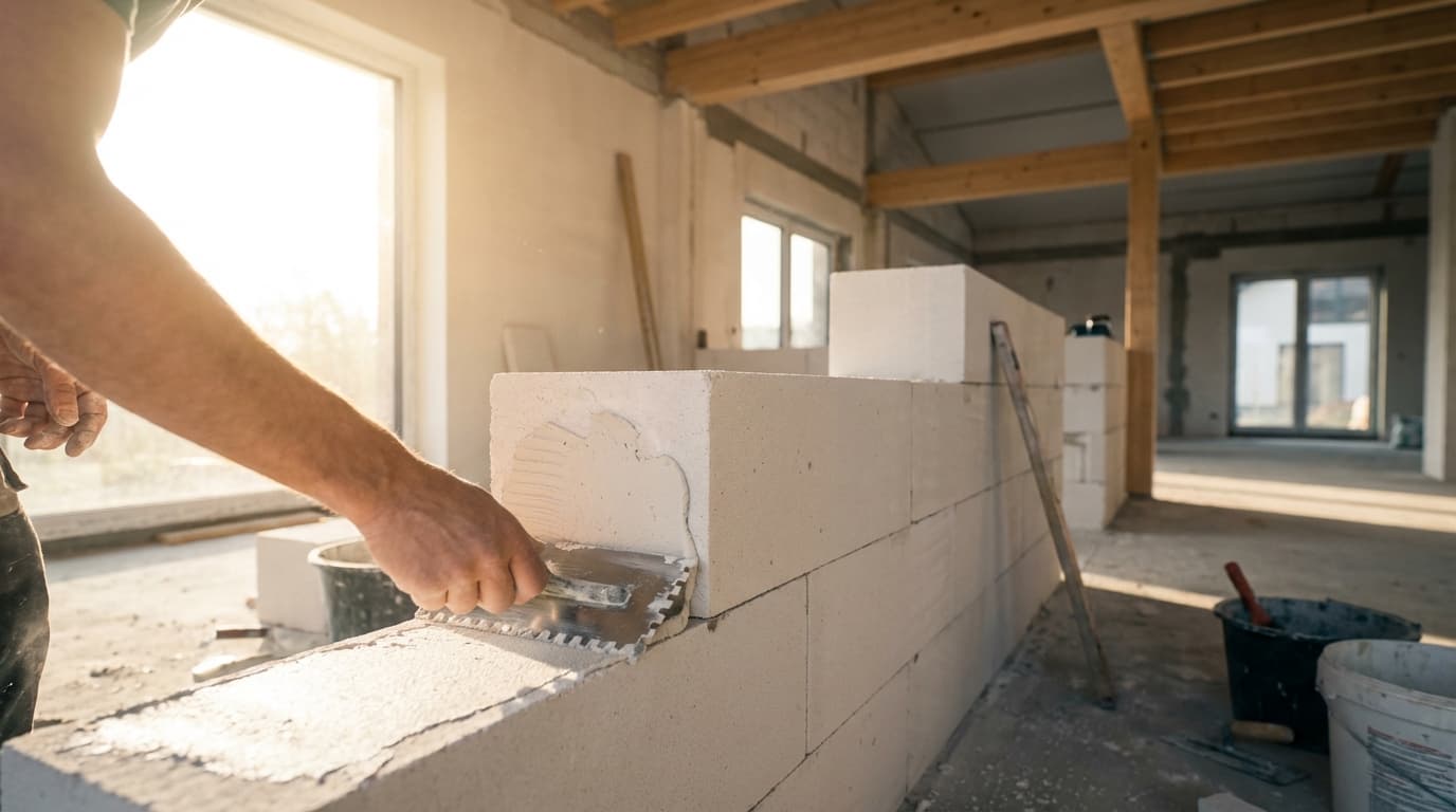 Pose professionnelle de blocs de béton cellulaire Siporex dans un intérieur en cours de rénovation sous une lumière naturelle.