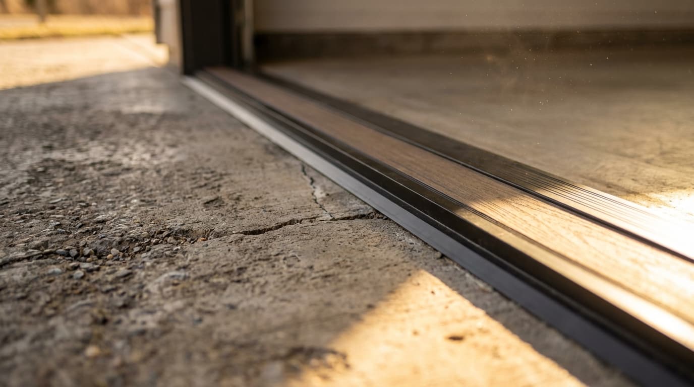 Vue cinématique d'un seuil de porte de garage sur un sol en béton avec une lumière rasante mettant en évidence l'inclinaison.