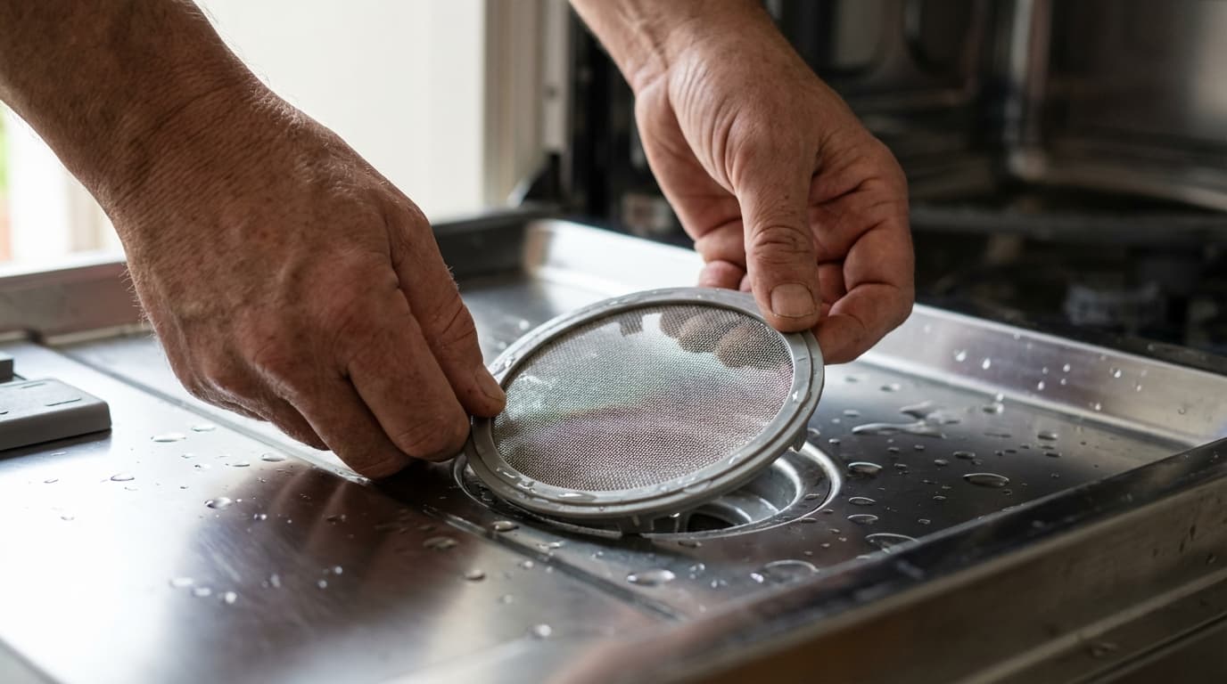 Main d'une personne inspectant le filtre de vidange à l'intérieur d'un lave-vaisselle.