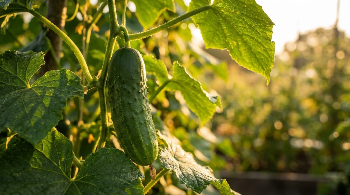 Un concombre vert couvert de petits piquants naturels suspendu à sa vigne dans un potager ensoleillé sous une lumière dorée.