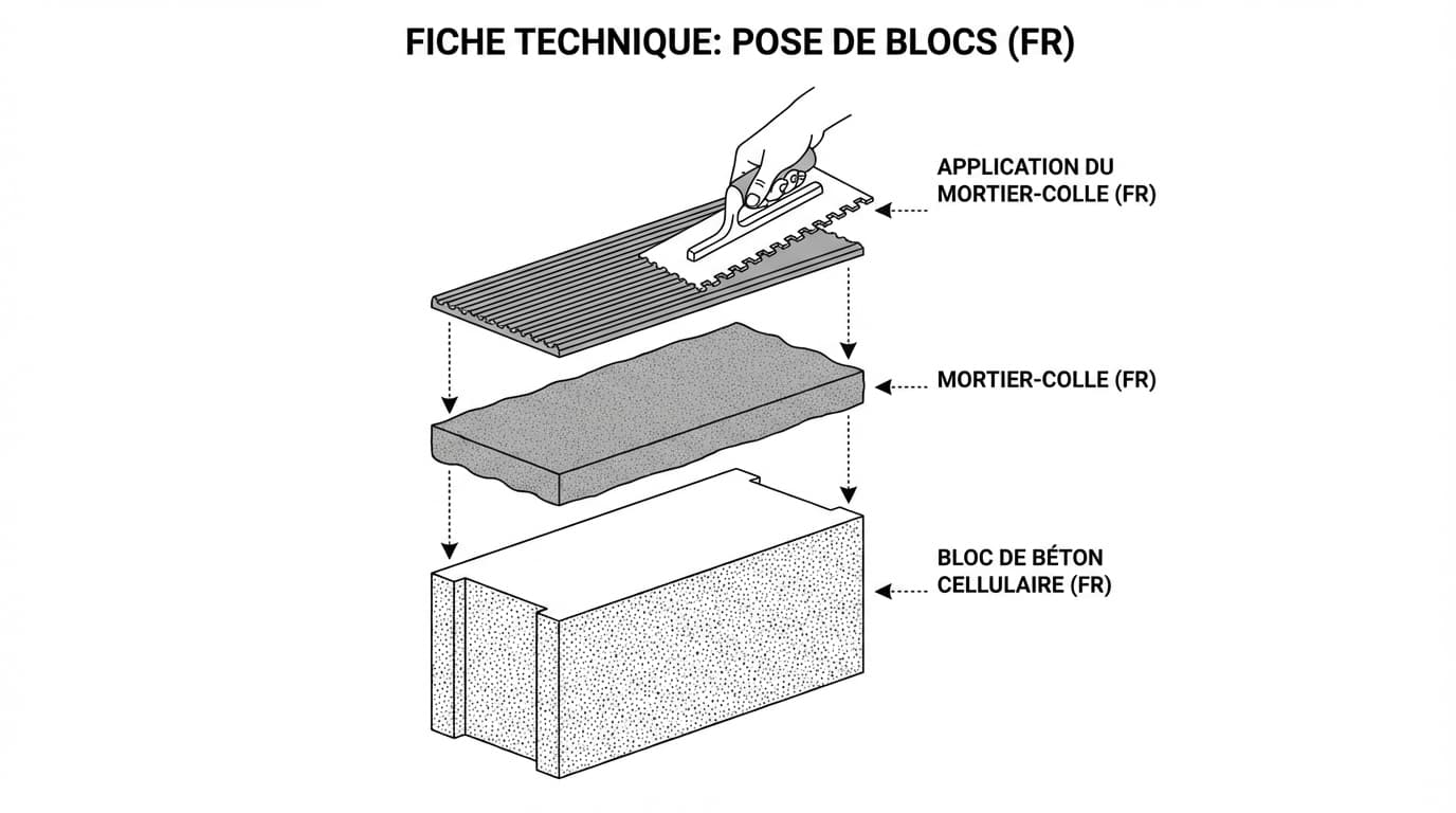 Schéma technique explicatif sur l'application du mortier-colle pour l'assemblage de blocs de béton cellulaire.