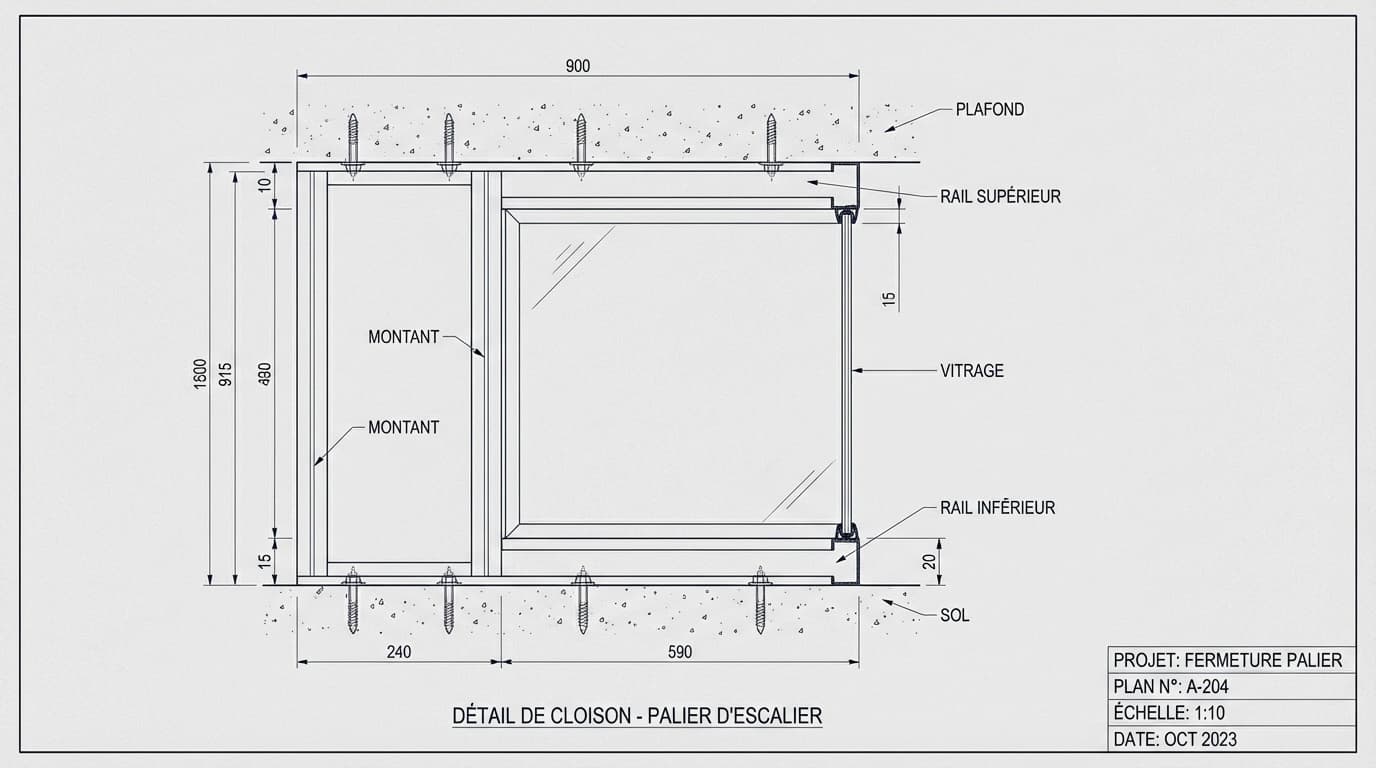 Schéma technique détaillé de l'ossature d'une cloison pour fermer un palier d'escalier