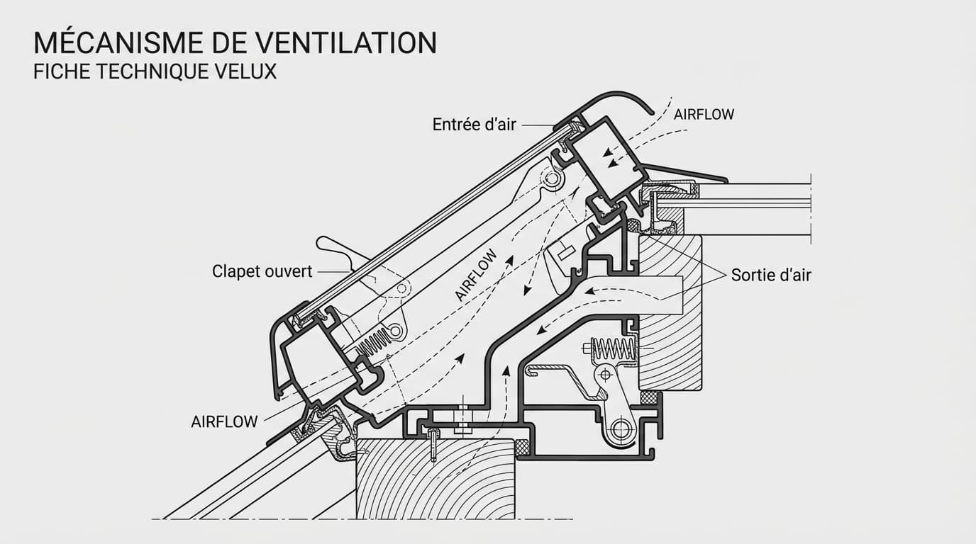 Schéma technique en coupe montrant le circuit de circulation de l'air à travers le clapet de ventilation d'un Velux.