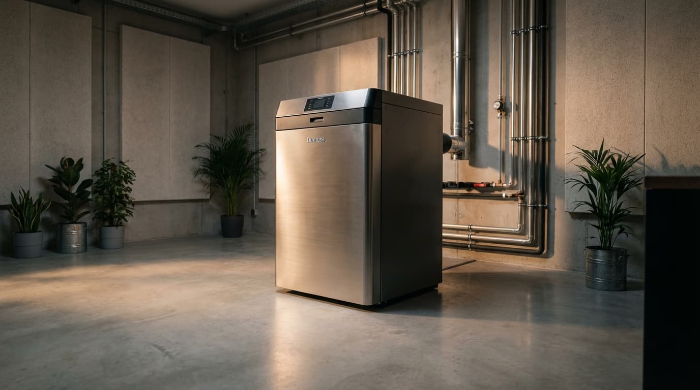 Vue d'ensemble d'une chaudière Domusa moderne installée dans un local technique propre et design