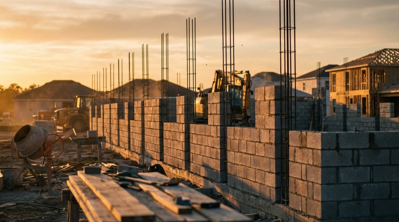 Mur en parpaings en cours de construction avec armatures en acier verticales sous une lumière naturelle de fin de journée.