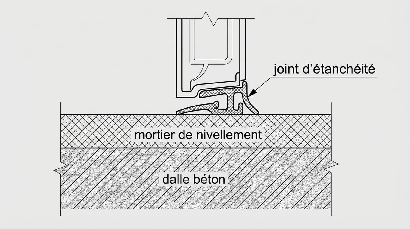 Schéma technique en coupe montrant les différentes couches de réparation pour rattraper le niveau d'un seuil de garage.