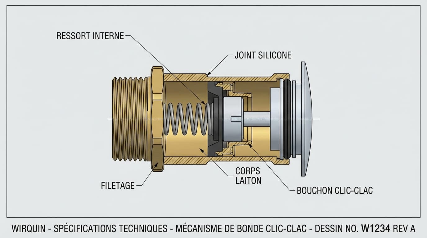 Mécanisme interne bonde Wirquin Schéma technique d'une bonde Wirquin en coupe montrant le mécanisme de ressort et les joints d'étanchéité avec annotations en français.