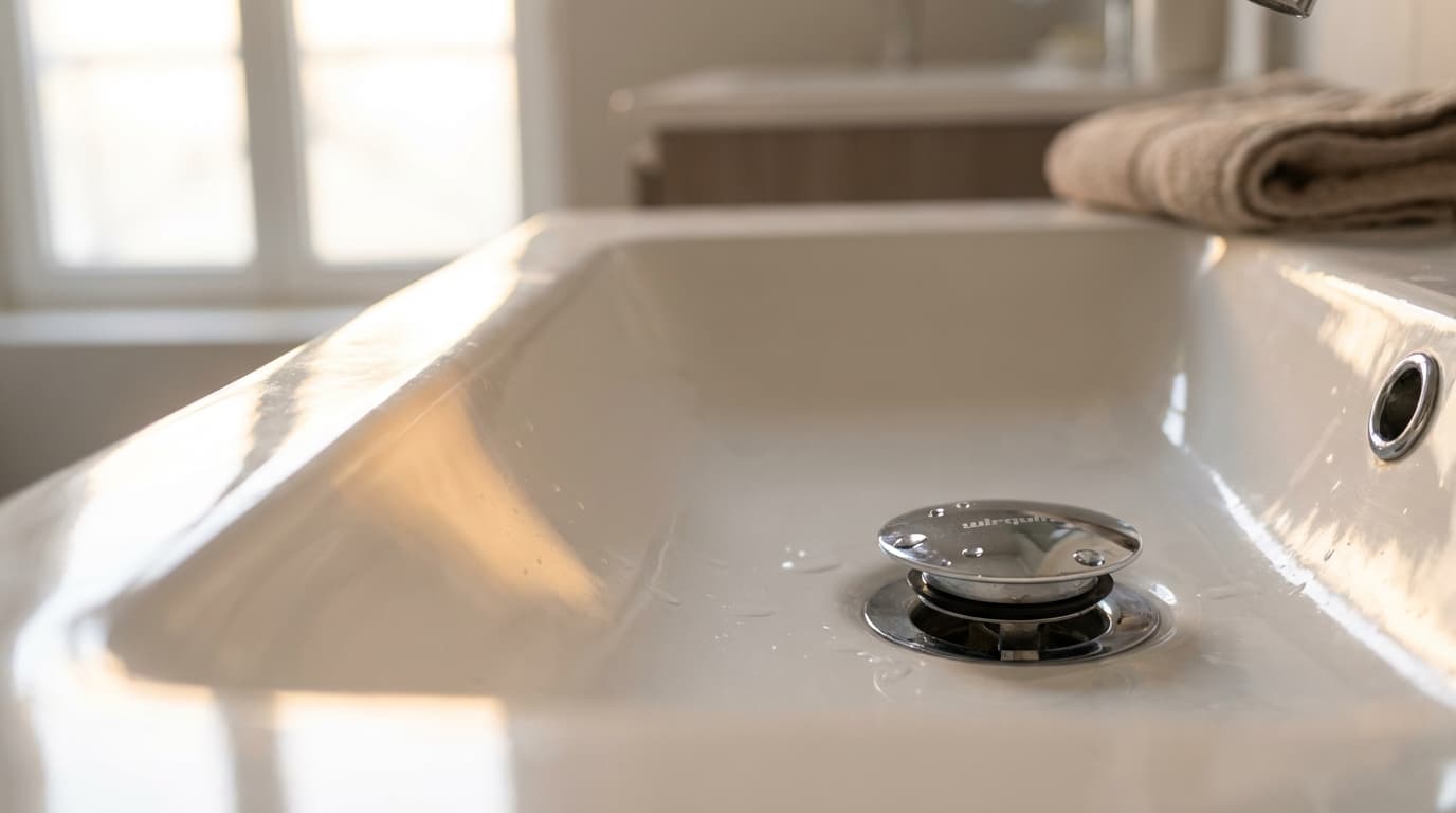 Bonde de lavabo Wirquin chromée Gros plan photographique d'une bonde de lavabo Wirquin chromée installée dans une salle de bain moderne et épurée.