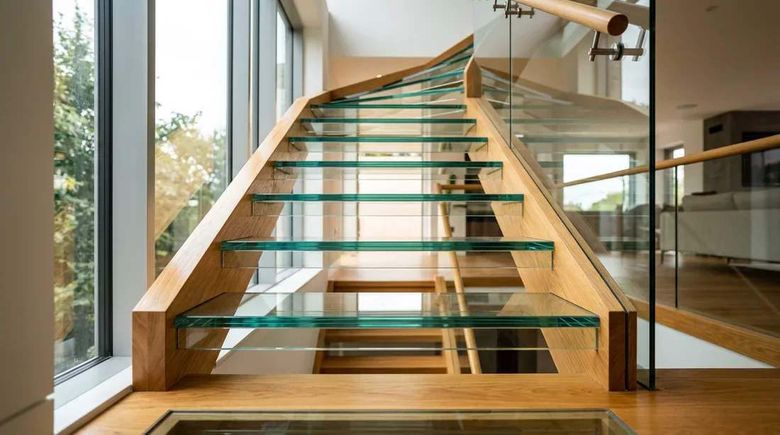 Agencement d'un salon avec escalier adossé au mur pour optimiser l'espace au sol.