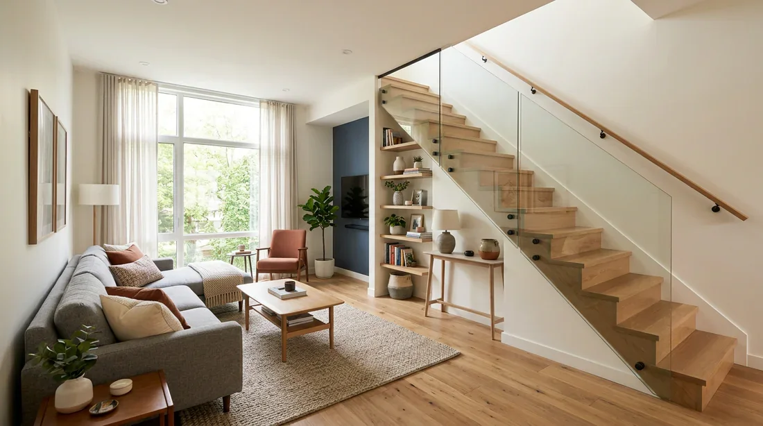 Coin bureau aménagé intelligemment sous les marches d'un escalier.