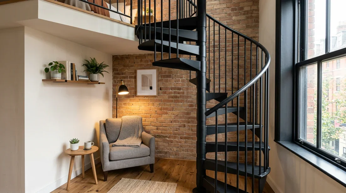 Escalier en colimaçon compact en métal noir dans un petit espace.