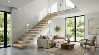 Focus sur un aménagement sous-escalier avec meuble TV intégré.