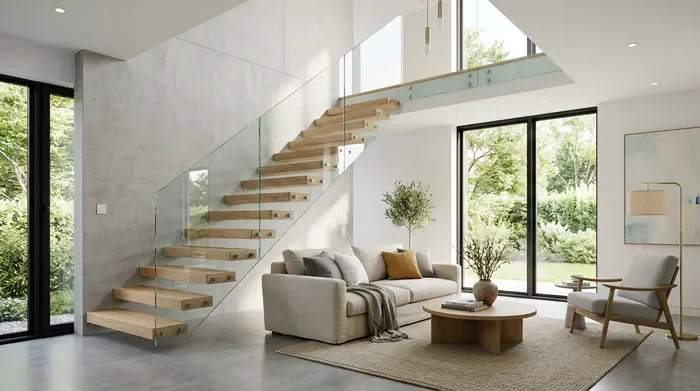 Focus sur un aménagement sous-escalier avec meuble TV intégré.