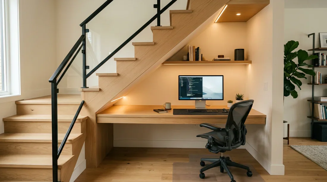 Matériaux transparents et bois clair pour un escalier qui agrandit visuellement la pièce.