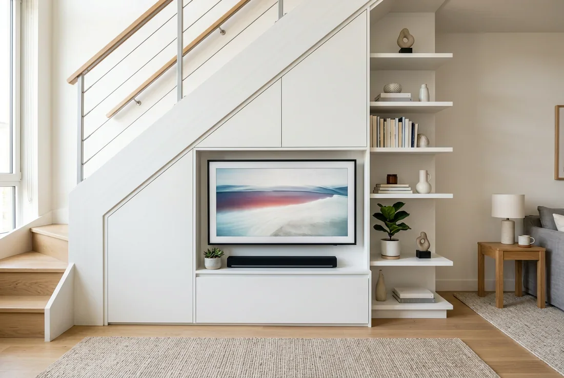 Petit salon lumineux avec un escalier aérien moderne sans contremarche et un garde-corps en verre.