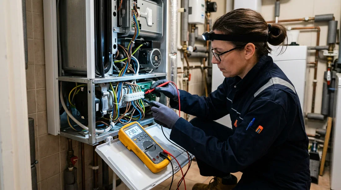 Chauffagiste effectuant une mesure électrique sur une chaudière
