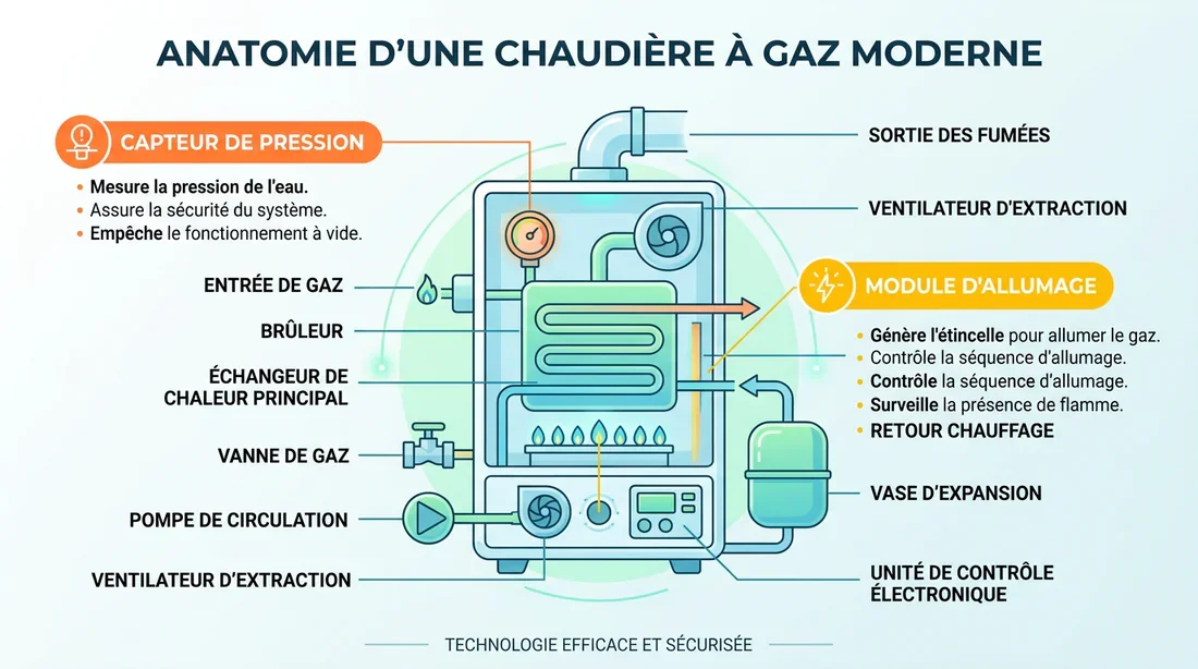 Schéma technique des composants internes d'une chaudière