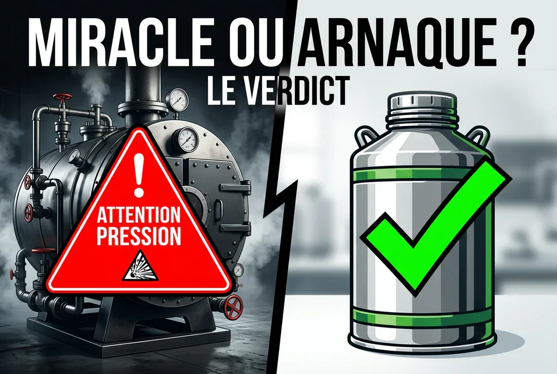 Application d'un produit colmatant pour fuite de chauffage Main tenant un bidon de colmatant Geb devant un radiateur avec manomètre en arrière-plan