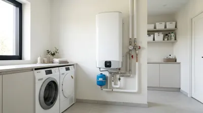 Un chauffe-eau électrique moderne installé proprement dans une buanderie.