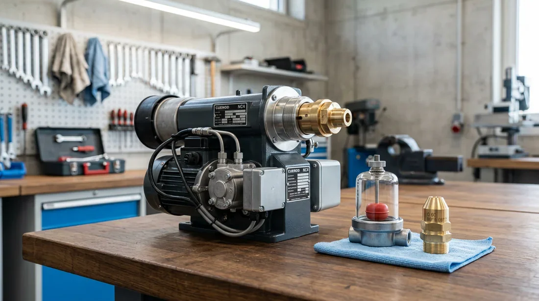 Brûleur Cuenod NC4 en sécurité avec bouton de réarmement allumé rouge vif sur chaudière