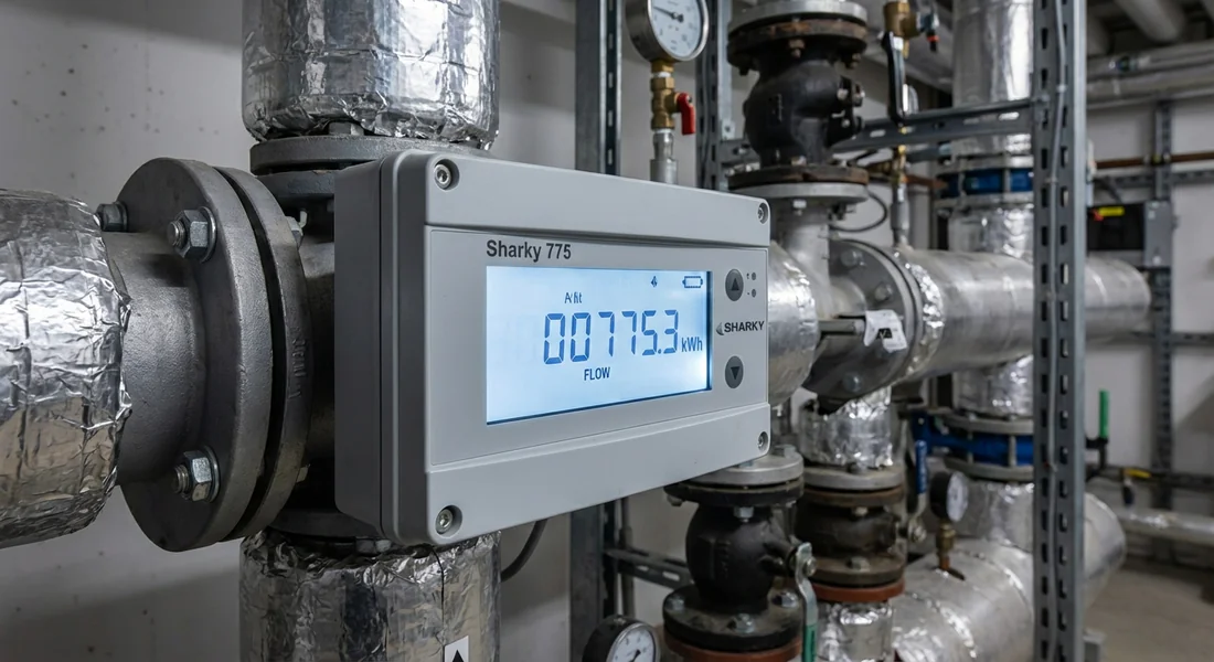 Compteur thermique Sharky 775 installé sur une tuyauterie isolée avec écran LCD visible.