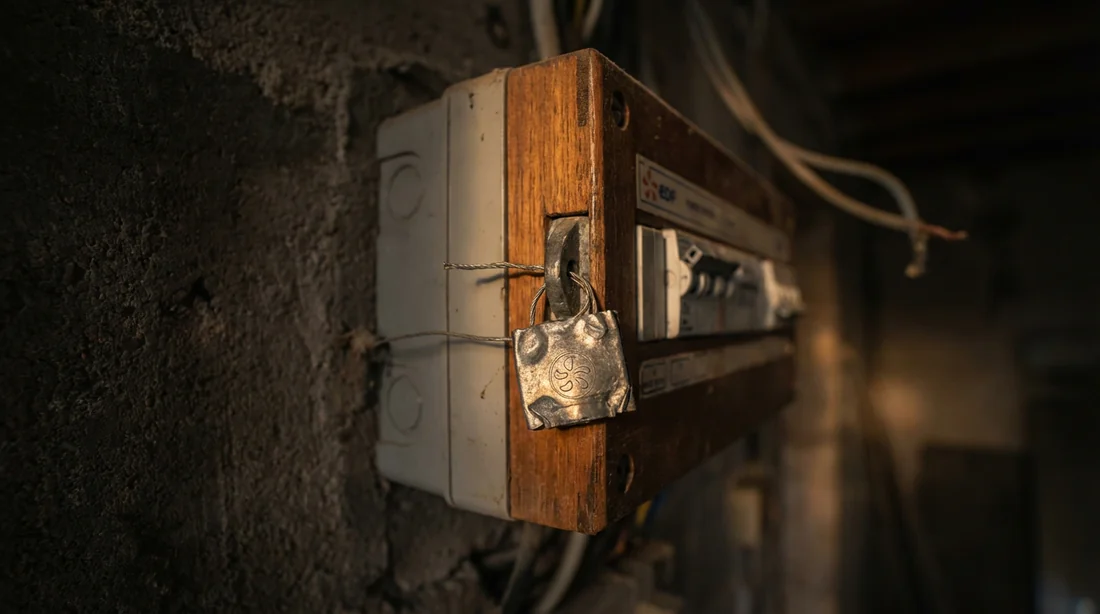 Boîtier de fusibles CCPI EDF ancien avec plomb de scellé apparent sous un éclairage dramatique.