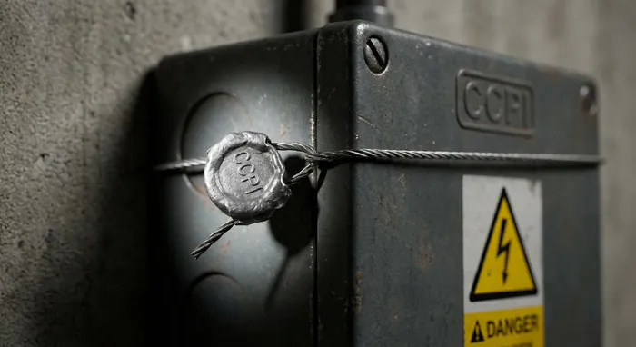 Gros plan sur un boîtier de fusibles CCPI avec symbole de danger électrique.
