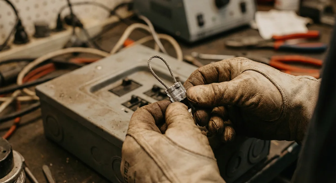 Inspection d'un plomb de scellé sur un boîtier de fusibles par un professionnel.