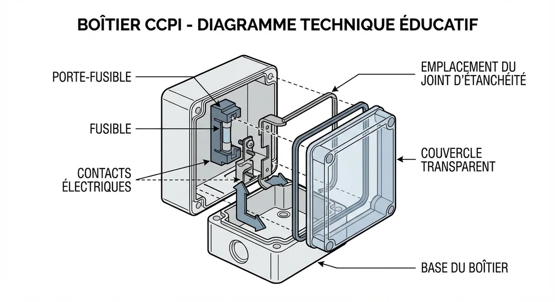 Schéma technique des composants internes d'un boîtier CCPI EDF.