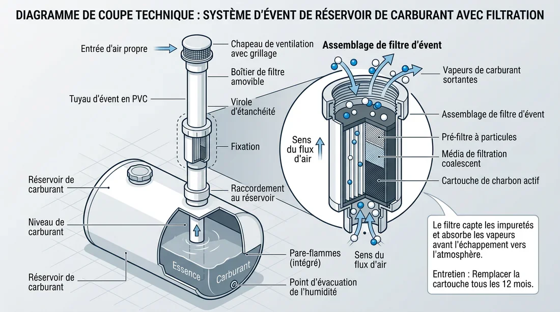 Homme perplexe examinant les odeurs de fioul provenant des tuyaux PVC d'une cuve dans un garage.