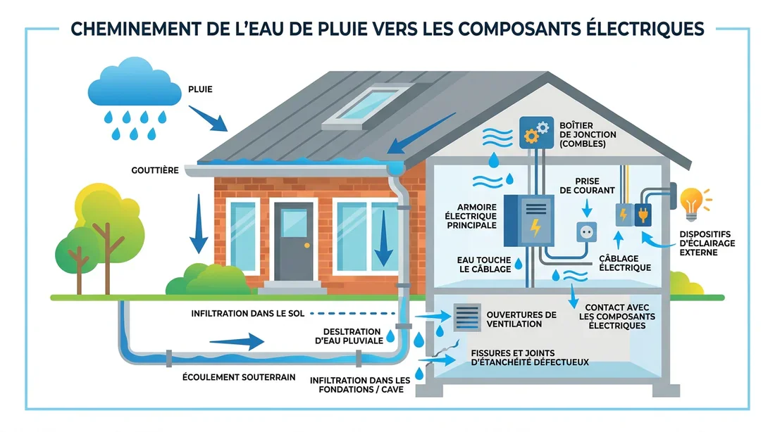 Infographie expliquant les risques d'infiltration d'eau sur les composants solaires
