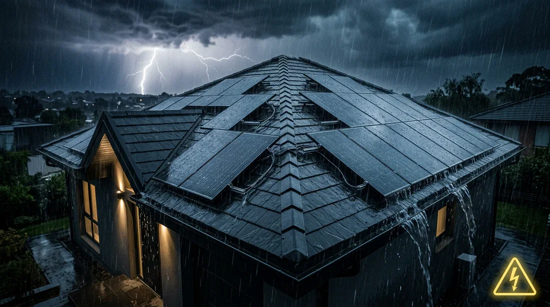 Panneaux solaires sur un toit sous une pluie battante avec icône de risque électrique