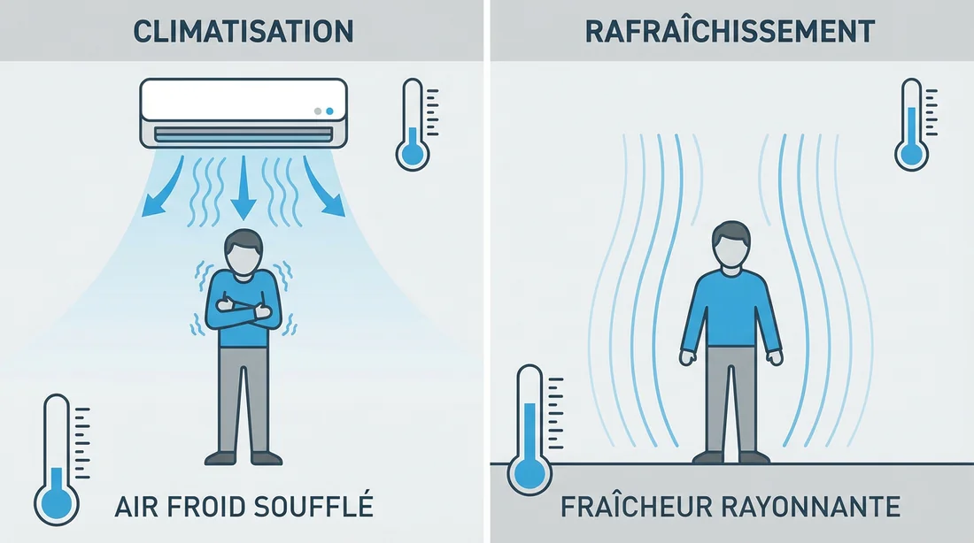 Infographie comparant la climatisation par air pulsé et le rafraîchissement par le sol