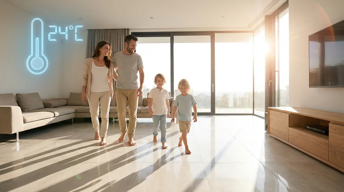 Intérieur moderne et lumineux avec sol rafraîchissant et une famille marchant pieds nus par 24°C