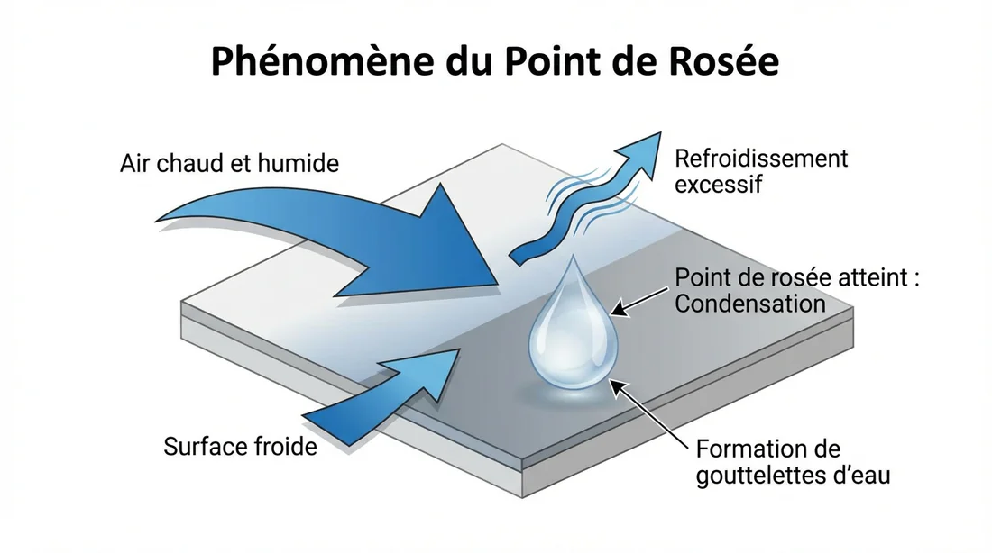 Schéma technique du phénomène de condensation et du point de rosée sur un sol rafraîchissant