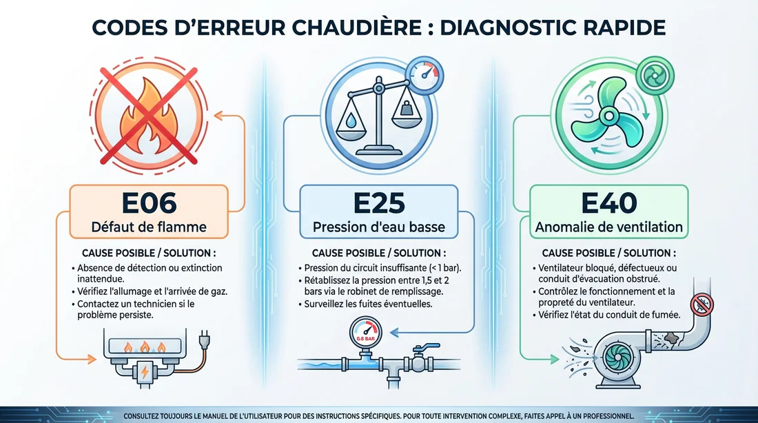 Principaux codes erreurs Domusa Teknik Infographie des codes erreurs E06, E25 et E40 chaudière Domusa