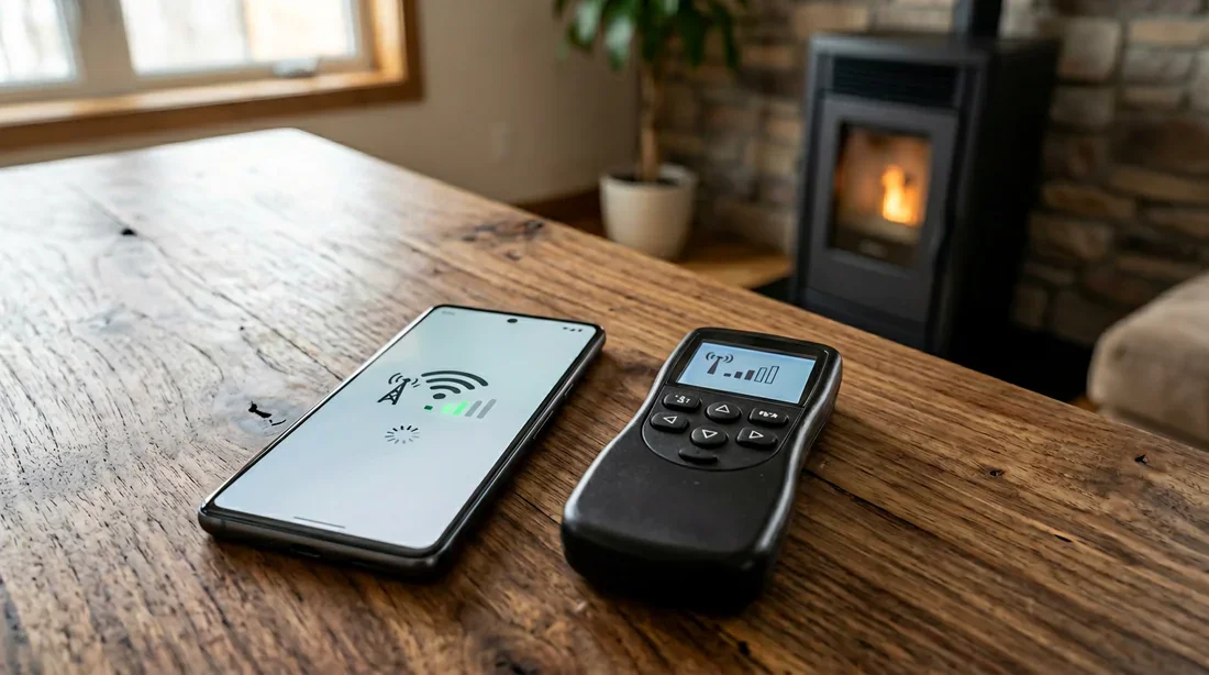 Problème de fonctionnement télécommande Maestro MCZ Main tenant une télécommande Maestro MCZ devant un poêle à granulés dans un salon froid.