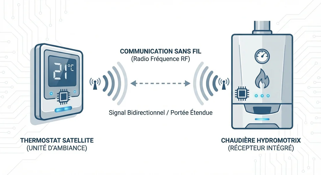Fonctionnement de la liaison radio Frisquet Visio Schéma explicatif de la communication sans fil entre le thermostat et la chaudière Frisquet.