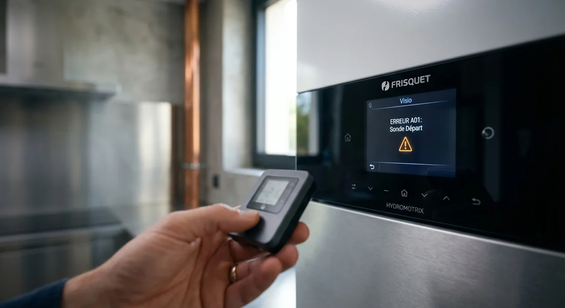 Diagnostic d'une anomalie de liaison sur chaudière Frisquet Tableau de bord Visio d'une chaudière Frisquet Hydromotrix affichant un code erreur avec thermostat satellite en main.
