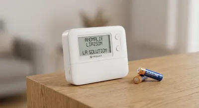 Thermostat satellite Frisquet et piles neuves AA pour résolution de panne.
