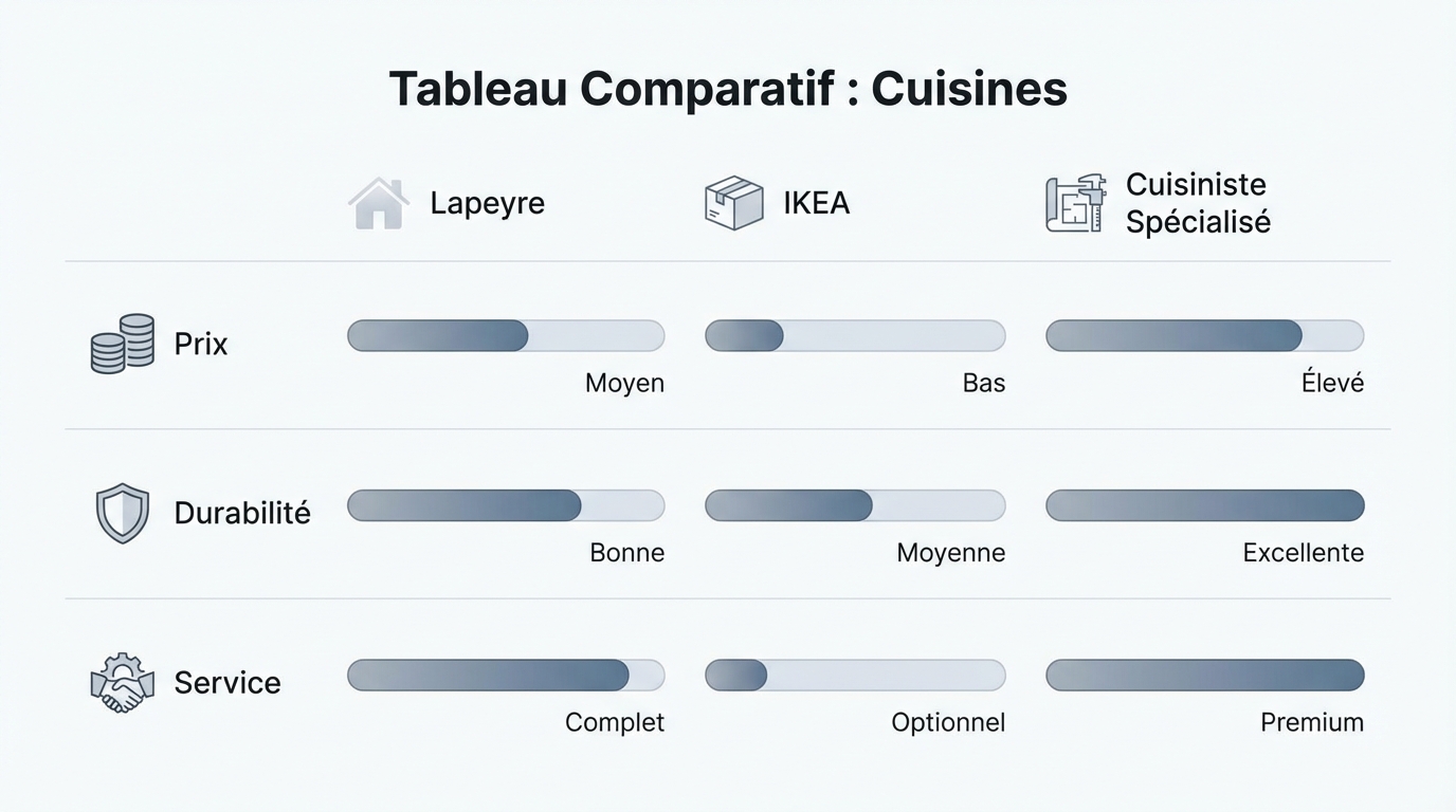 Tableau comparatif Lapeyre contre IKEA et cuisinistes spécialisés.