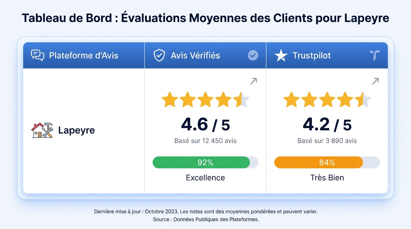 Tableau récapitulatif des notes clients Lapeyre sur Trustpilot et Avis Vérifiés.