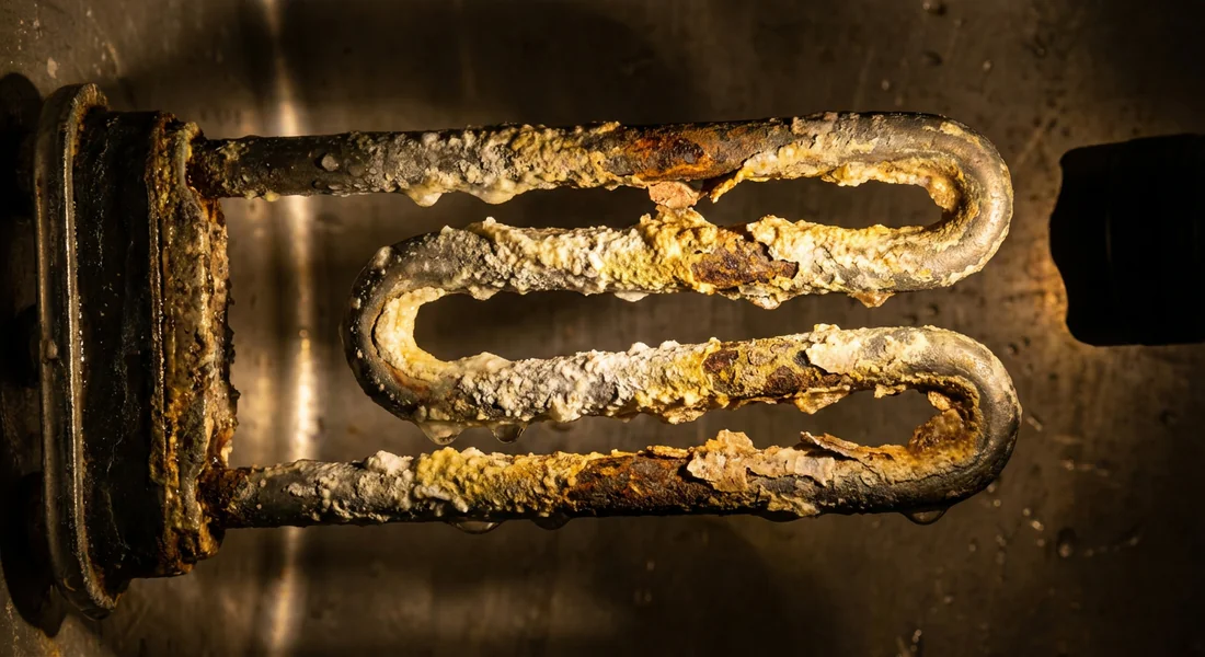 Accumulation de calcaire sur la résistance d'un chauffe-eau provoquant des bruits.