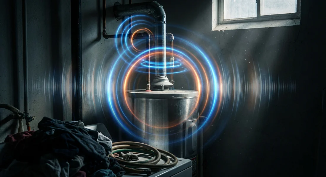 Chauffe-eau bruyant dans une buanderie sombre avec des ondes sonores agressives représentées visuellement.