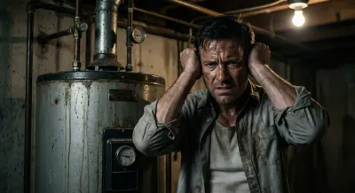 Homme se bouchant les oreilles à cause du bruit d'un chauffe-eau.