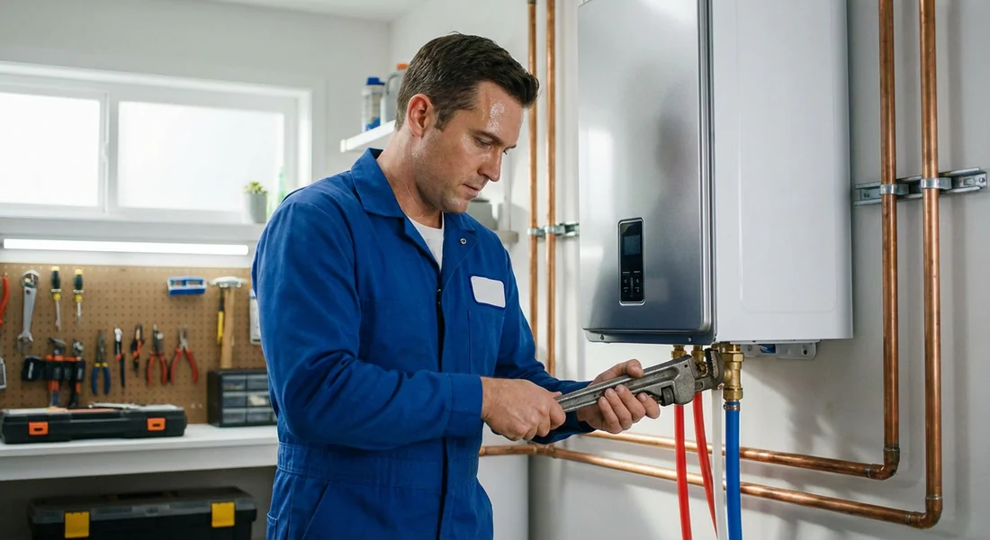 Plombier professionnel effectuant la maintenance d'un ballon d'eau chaude.