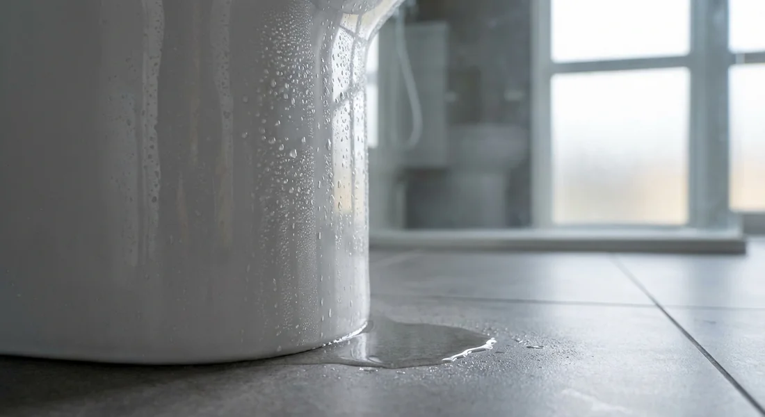 Gros plan sur un réservoir de WC en céramique avec de la condensation et une flaque d'eau au sol.